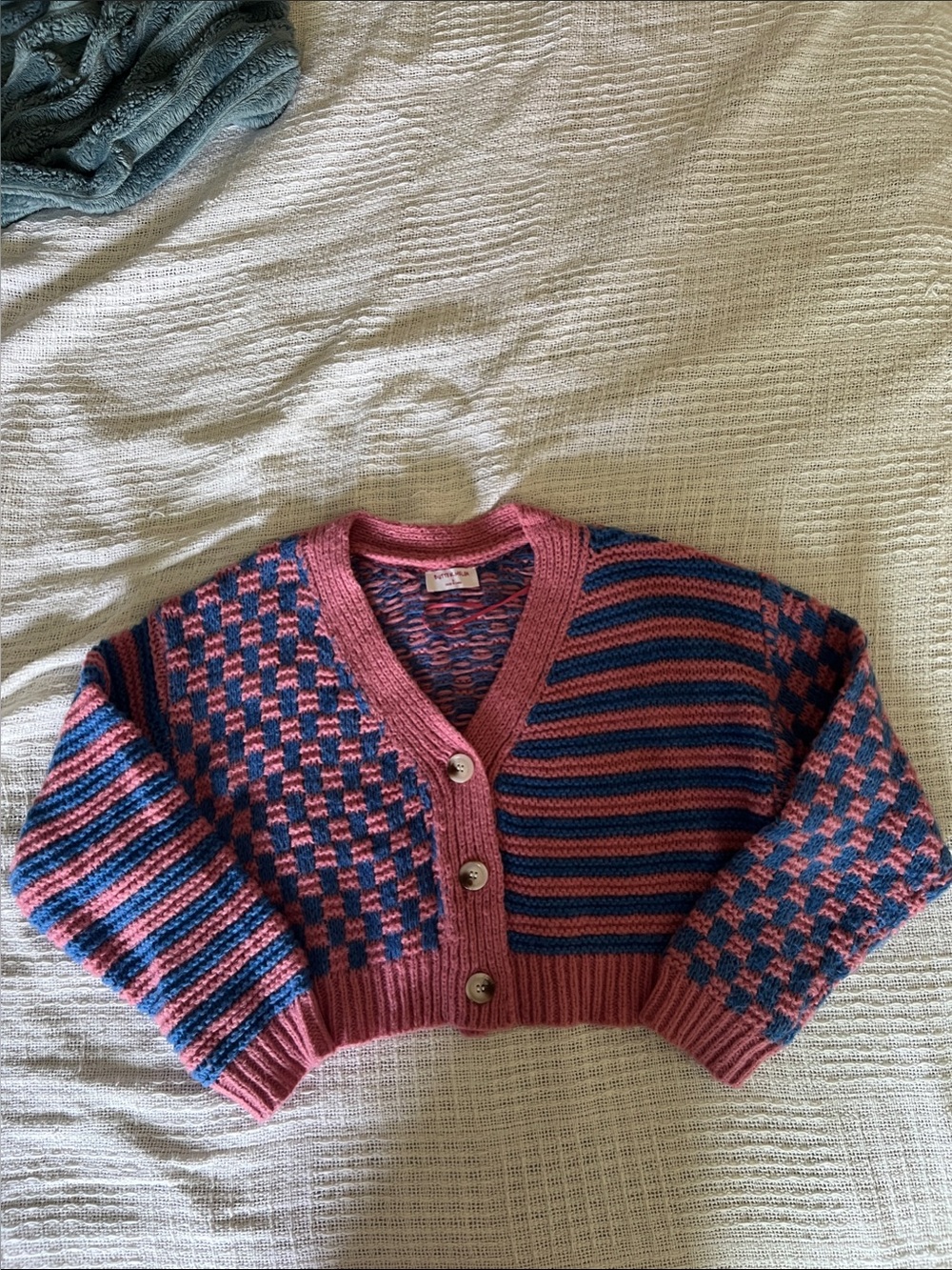 Cropped Pink and Blue Knit Cardigan Sweater